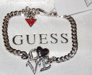 NWT Guess Silver Metal-Rhinestones Black Enamel 'LOVE' Bracelet, Exclusive Line - Picture 1 of 6