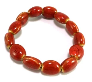 Handmade Porcelain Bead Stretch Bracelet with Red Glaze Boho - Picture 1 of 3
