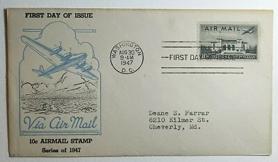 1947 FDC 10c Airmail Stamp Series Plane Over Black Pan American Building SC #C34 - Image 1 of 2