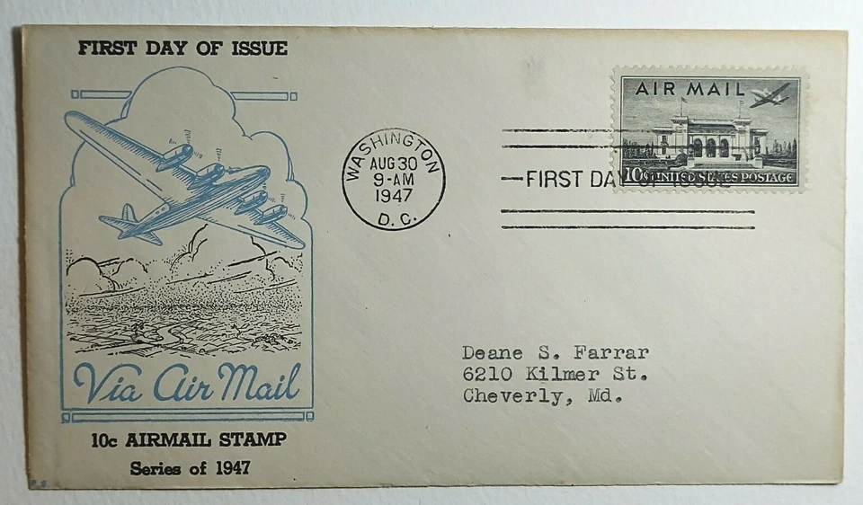 1947 FDC 10c Airmail Stamp Series Plane Over Black Pan American Building SC #C34 - Image 1 of 2