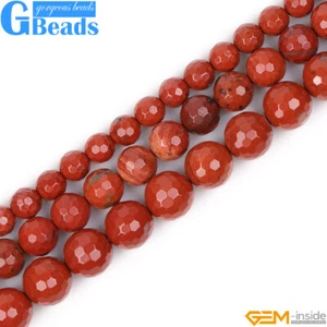 Cuentas sueltas redondas de piedra natural facetadas de jaspe rojo para hacer joyas de 15" - Imagen 1 de 30