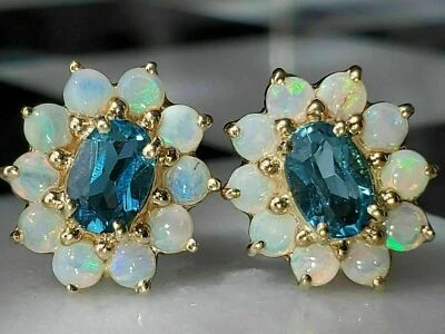 4Ct Oval Cut Lab Created Topaz  Fire Opal Stud Earrings 14K Yellow Gold Plated - Image 1 of 4