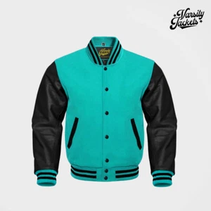 Turquoise body Black Sleeves Premium Varsity Jacket | Letterman Baseball College - Picture 1 of 5