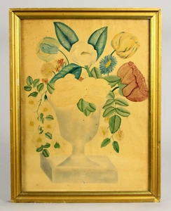 = 19th C. American Watercolor Theorem Flowers in Urn, Signed Mrs Wardner Francis - Picture 1 of 8