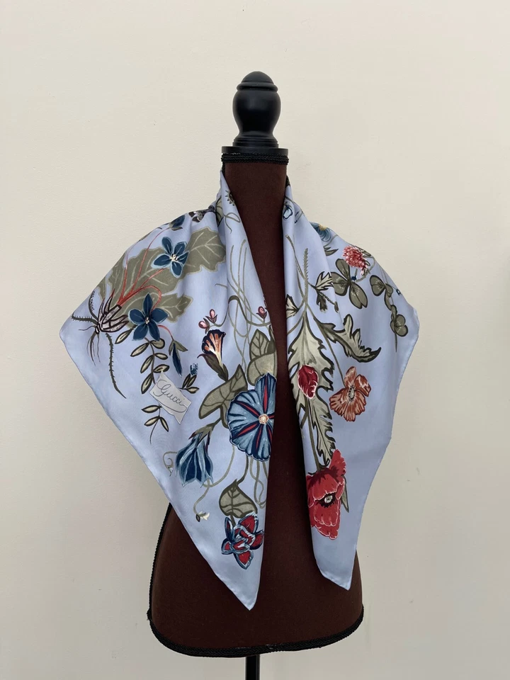 Unisex Gucci Seda Envoltura Logo Kris Knight Estampado Floral Multicolor Azul Bufanda Foto 1 de 4
