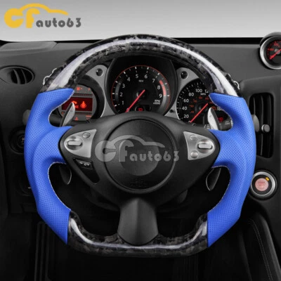 Forged Carbon Fiber Blue Leather Custom Steering Wheel Fits Nissan 370z Z34 09+ - Image 1 of 4