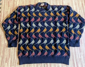 Vintage Rose Dalrymple Wollpullover Made in Scotland House of Harris Vogelmuster XL - Bild 1 von 11