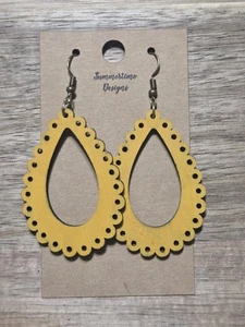Hand Painted Laser Cut Wood Earrings Yellow Boho Teardrop Dangles 2.5" - Picture 1 of 1