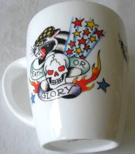 "Taza de café Ed Hardy "MUERTE O GLORIA" 10 OZ COLORIDO arte del tatuaje nuevo - Imagen 1 de 4