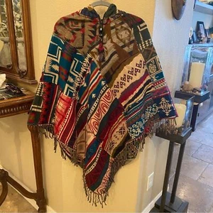 Multicolor 100% Wool Aztec Southwestern Patchwork Pattern Hooded Poncho One Size - Picture 1 of 8