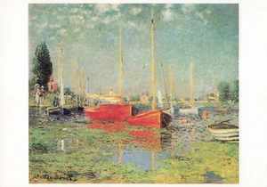 Monet Argenteuil Art Vintage Postcard Red Sailboats Docked Blue Sky White Clouds - Picture 1 of 2