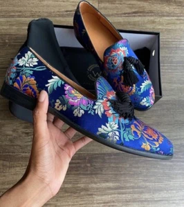 Blue Floral Embroidered Loafer Caesar Walks Shoes - Picture 1 of 8