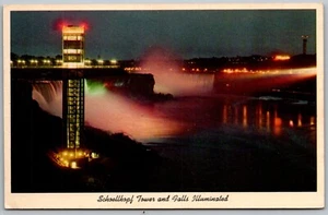 Niagara Falls New York 1960s Postcard Schoellkopf Tower Illuminated Waterfalls - Picture 1 of 2