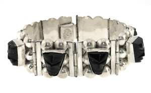 Signed JB Mexico 925 Sterling Silver Carved Face Black Onyx Panel Bracelet - Picture 1 of 10