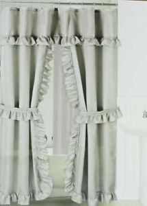 Platinum Ruffled Double Swag Shower Curtain & Liner 70" x 72" w/12 Roller Rings