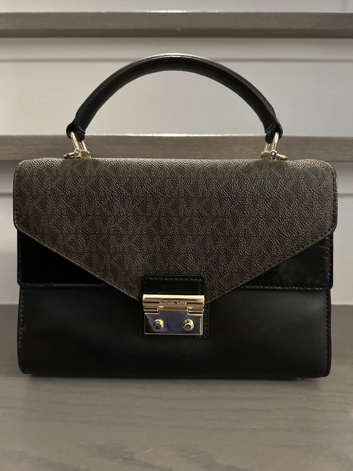Michael Kors Sloan Black/Brown leather and logo Satchel Purse - Image 1 of 4