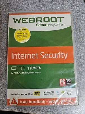 Webroot Secure Anywhere Internet Security w Antivirus PC Mac Mobile 3 Device New - Image 1 of 2