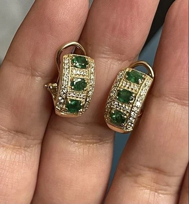 Art Deco Style 2Ct Created Green Emerald Huggie Earrings 14K Yellow Gold Finish - Image 1 of 3
