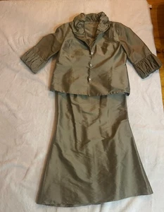 Conjunto de Traje Verde Satinado Vintage - Chaqueta y Falda Formal - Hecho en EE. UU. MOB Talla M - Imagen 1 de 6