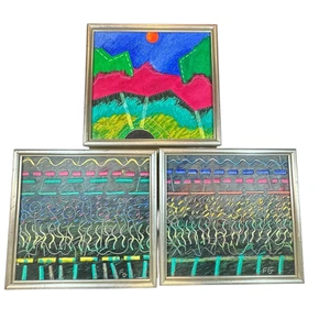 3er Set Original Abstraktes Gemälde von FG Gerahmt Mixed Media Moderne Kunst Neon Pop - Bild 1 von 9