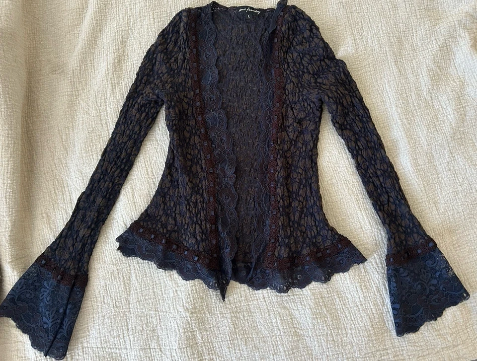 Cárdigan De Colección Y2K Ann Ferriday Azul Marino Encaje Talla L Bosque Hada Bruja Goblincore Foto 1 de 4