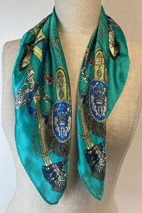 100% Silk Small Scarf Women Neckerchief Bandana Fashion Unicorn Emerald Green - Picture 1 of 6