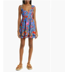 NWT $180 FARM Rio Macaw Party Tiered Linen Blend Fit & Flare Minidress! - Picture 1 of 6