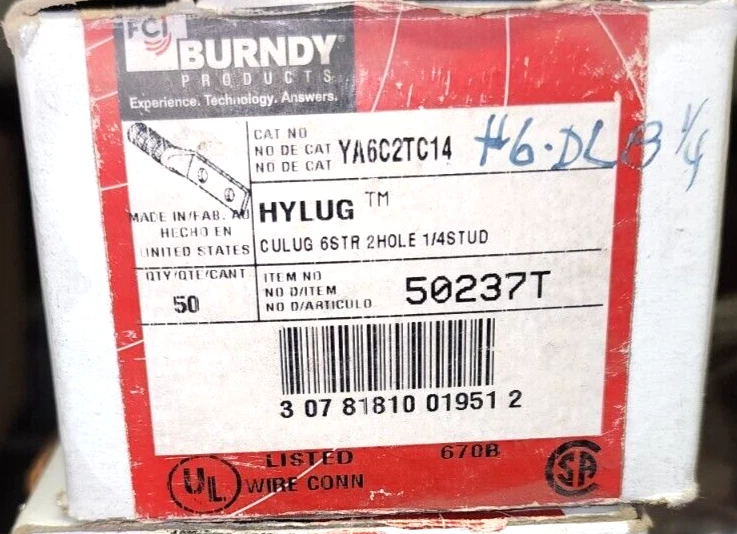 BURNDY YA6C2TC14 #6, 2 HOLE, 1/4 STUD BUTT SPLICE (FOR BOX ) - Image 1 of 1