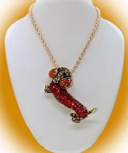 Cute! Betsey Johnson Red Orange Brown Crystal Dachshund Dog Brooch Necklace! - Picture 1 of 16