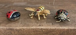 Set of 3 Enamel Metal Jeweled Bejeweled Lady Bug Bee Hinged Trinket Box Pill Box - Picture 1 of 14