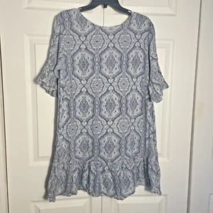Vestido Vanessa Alexandra de lino para mujer grande blanco azul cambio geométrico volantes - Imagen 1 de 11