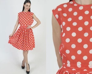 Vintage Red White Polka Dot Dress Sheer Lightweight Plus Size Full Skirt W/ Belt - Picture 1 of 7