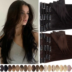 Clip In Real Human Hair Extensions 100% Remy Hair FULL HEAD Straight Black Brown - Picture 1 of 85