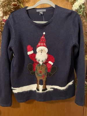 New With Tags Vintage Norhern Isles Christmas Sweater Santa Clause Navy Size L - Image 1 of 4