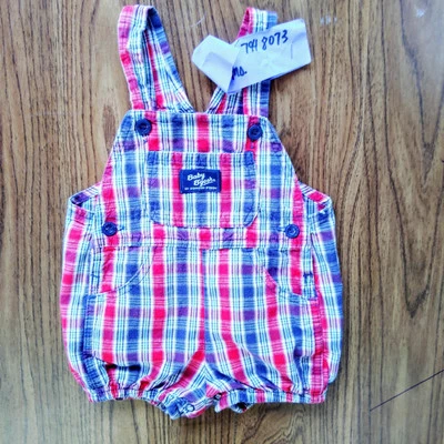 Vintage Oshkosh Baby B’gosh Red/White/Blue Plaid Overalls Romper 6/9 Months  - Image 1 of 4
