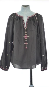 Isabel Marant Blouse Embroidered Cotton Black Ethnic Bohemian V Neck Size UK 10 - Picture 1 of 9