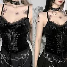 Women Gothic Sleepless Corset Camisole V-Neck Lace Trim Velvet Lace-Up Crop Top