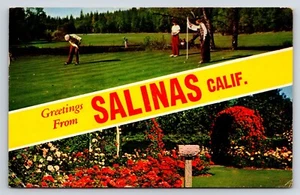Cartolina Saluti da Salinas California, Cartolina Banner, Persone Golf, Fiori - Foto 1 di 2