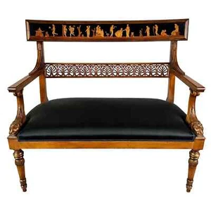 Italian Neoclassical Style Settee with Carved Wood and Black Upholstery - Picture 1 of 15