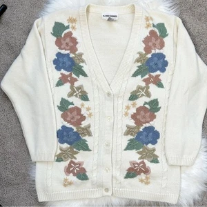 ALFRED DUNNER Vintage Cottagecore Knit Floral Cardigan Size Large Comfy Grandma - Picture 1 of 6