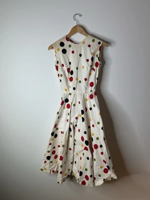 Vintage 1940’s Dress Women’s Ivory Polka Dot Fit Flare Sleeveless Party Novelty  - Image 1 of 4