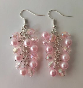 Drop / Dangle Earrings - Baby Pink Faux Pearl & Crystal Clusters - Silver Plated - Picture 1 of 7