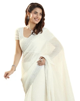 Sari de trabajo de piedra bordada de gasa brillante para mujer con pieza blusa sin coser Foto 1 de 4