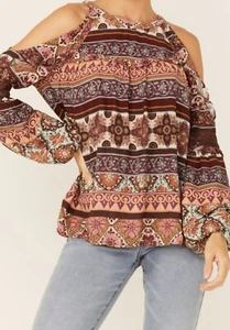 Miss Me Women's Vertical Print Off Shoulder Bell Sleeve Woven Top Size Medium - Picture 1 of 7