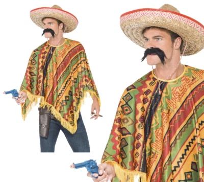 Poncho + Black Moustache Mexican Spanish Mens Wild West Fancy Dress Costume - Image 1 of 4