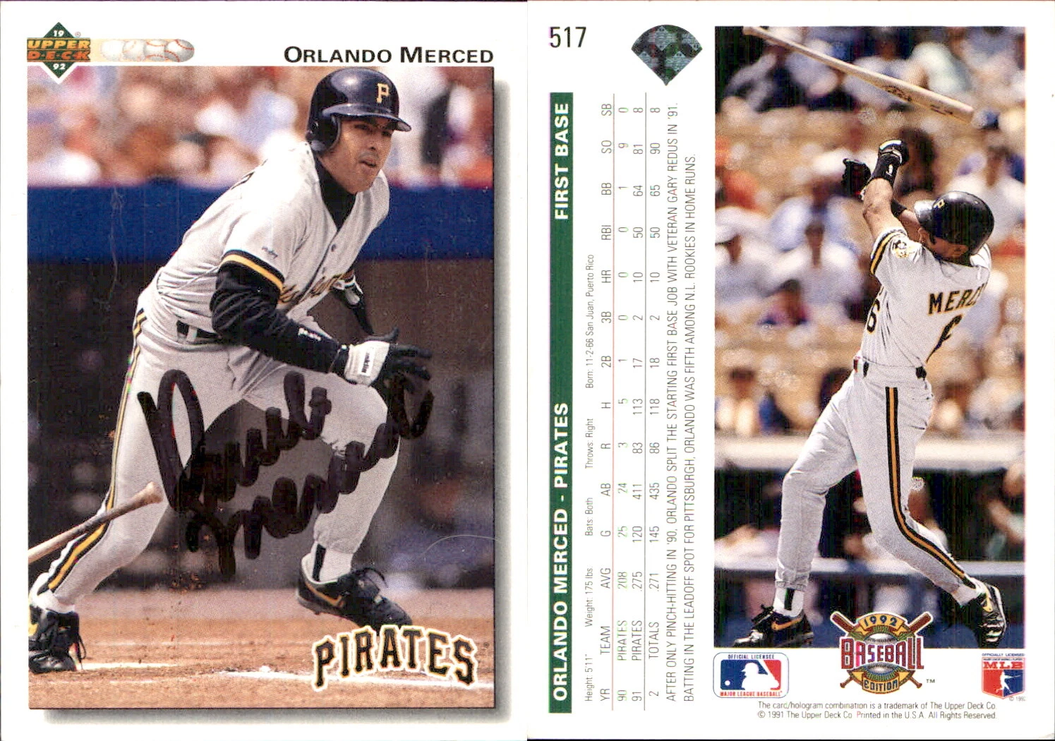 Orlando Merced Signed 1992 Upper Deck #517 Card Pittsburgh Pirates Auto AU