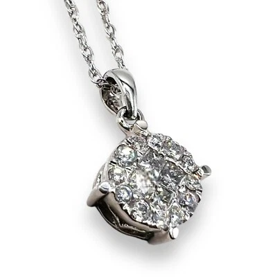 14k White Gold Natural Diamond Pave Cluster Round Designer Pendant Necklace 16" - Image 1 of 4