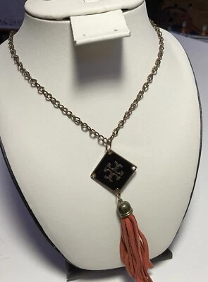 Tory Burch Pendant Logo And Leather Tassel Gold Tone 34” Long Necklace - Image 1 of 4
