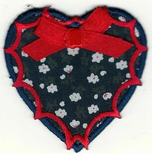 2" Blue Red White Flower Floral Print Heart Embroidery Patch - Image 1 of 1