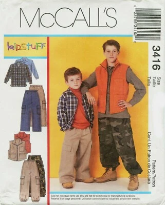McCalls 3416 Shirt Vest Cargo Pants Boys Sewing Pattern Uncut Size 3-6 XS-S - Image 1 of 2